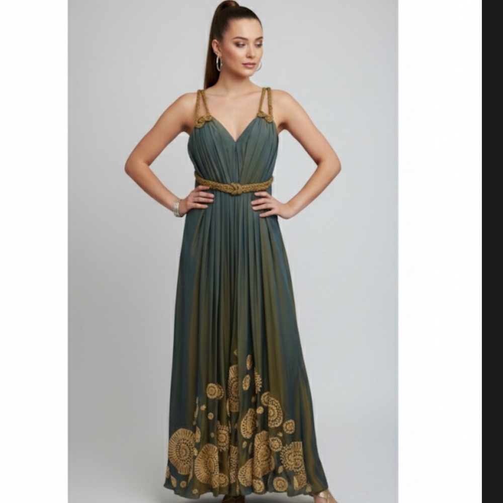 Woven Beaded S Brownish Teal Gown Cocktail Dress